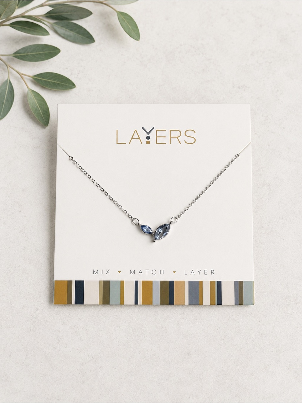 Layers Silver Necklace with Blue Crystal Marquise Stones NWT
